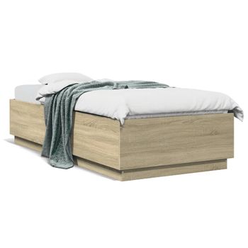 Vidaxl Estructura De Cama Con Luces Led Madera Roble Sonoma 90x200 Cm Marrón