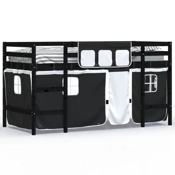 Vidaxl Cama Alta Niños Con Cortinas Madera Pino Blanco Negro 90x190 Cm