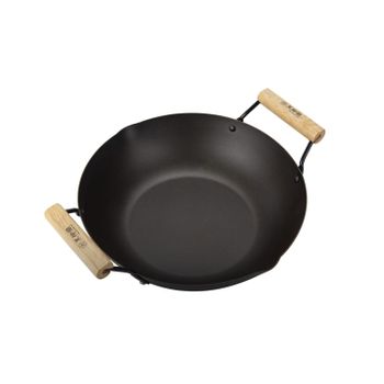 Wok Con Mango De Madera Doble - Acero Al Carbono - Compatible Con Todas Las Placas De Cocción | 33 Cm | Negro Y Marrón | Trendyflair