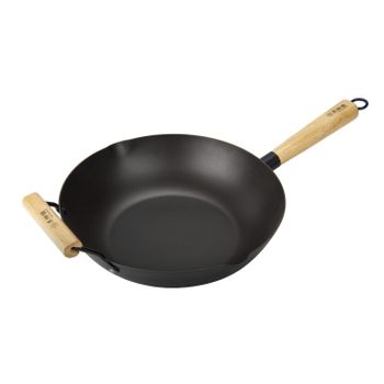 Wok Con Mango De Madera Y Mango Auxiliar: Compatible Con Todas Las Placas De Cocción | 24 Cm | Negro Y Madera | Trendyflair