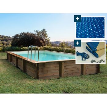 Kit De Piscina De Madera Rectangular "oceano" - 9,20 X 5,20 X 1,44 M - Cubierta De Burbujas De 400 Μ - Cubierta De Invierno De 280 G/m²