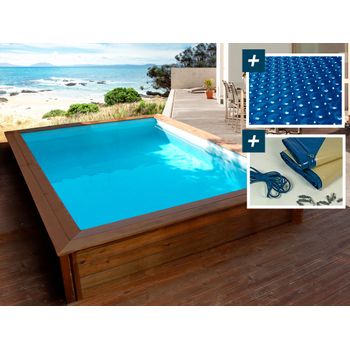 Piscina Rectangular De Madera "toledo" - 3.00 X 2.00 X 0.71 M - Cubierta De Burbujas 180 Μ - Cubierta De Invierno 280 G/m²