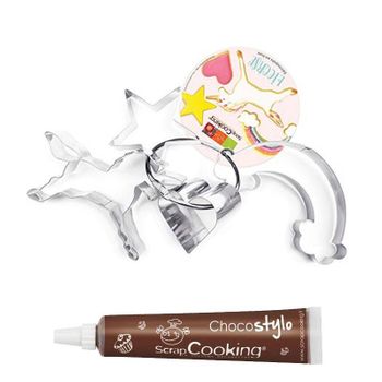 4 Cortadores De Galletas Unicornio + Tubo De Chocolate Para Decorar