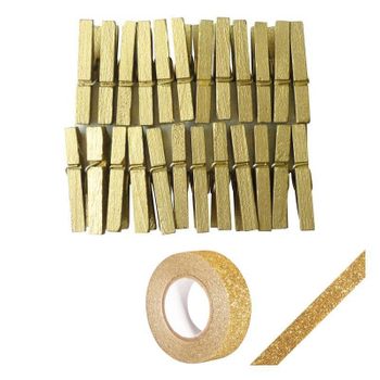 24 Mini Pinzas De Madera Doradas + Masking Tape Dorado Con Brillo 5 M