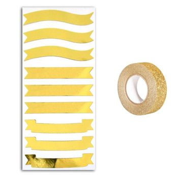 Pegatinas Banderas Doradas + Masking Tape Dorado Con Brillo 5 M