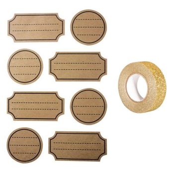 32 Pegatinas Kraft Con Punteado + Masking Tape Dorado Con Brillo 5 M