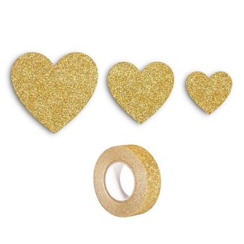 12 Corazones Dorados Con Brillo + Masking Tape Dorado Con Brillo 5 M