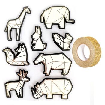 8 Pegatinas 3d Animales De Zoológico 6 Cm + Masking Tape Dorado Con Br