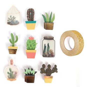 9 Adhesivos 3d Botánico Y Cactus 4 Cm + Masking Tape Dorado Con Brillo