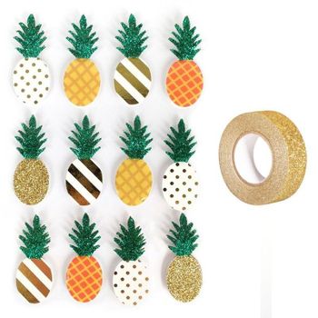 12 Pegatinas 3d Piña 4,5 Cm + Masking Tape Dorado Con Brillo 5 M