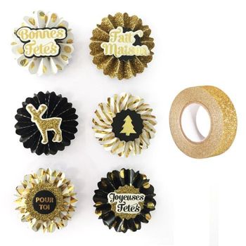 6 Pegatinas 3d Medallones De Navidad 4 Cm + Masking Tape Dorado Con Br