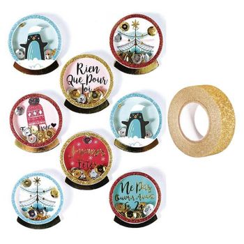 8 Pegatinas 3d De Navidad Pingüinos 4 Cm + Masking Tape Dorado Con Bri