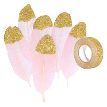 6 Plumas De Color Rosa Pálido Con Brillo Dorado + Masking Tape Dorado