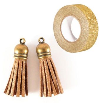 2 Borlas De Gamuza 4 M Dorado + Masking Tape Dorado Con Brillo 5 M