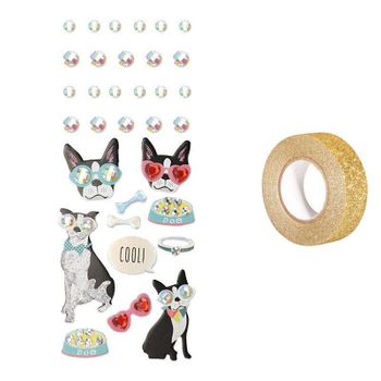 33 Pegatinas 3d Perro Con Gafas + Masking Tape Dorado Con Brillo 5 M