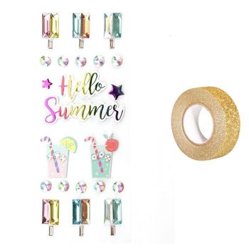 22 Pegatinas 3d Hola Verano + Masking Tape Dorado Con Brillo 5 M