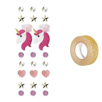 23 Pegatinas 3d Unicornio + Masking Tape Dorado Con Brillo 5 M