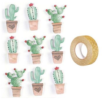 9 Pegatinas 3d Cactus Mexicano 4,5 Cm + Masking Tape Dorado Con Brillo