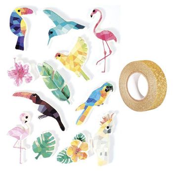 12 Pegatinas 3d Pájaros Tropicales 6 Cm + Masking Tape Dorado Con Bril