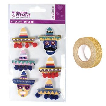 6 Pegatinas 3d Sombreros Mexicanos 5,5 Cm + Masking Tape Dorado Con Br