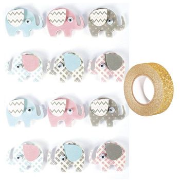 12 Pegatinas 3d Elefantes 4,3 Cm + Masking Tape Dorado Con Brillo 5 M