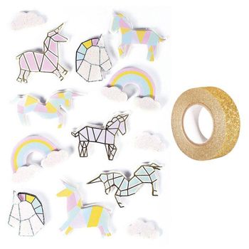 13 Pegatinas 3d Unicornios 5 Cm + Masking Tape Dorado Con Brillo 5 M