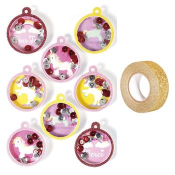 8 Pegatinas 3d Bolas Unicornio 4,5 Cm + Masking Tape Dorado Con Brillo