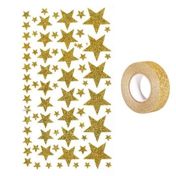 Pegatinas Estrellas Con Brillo Dorado + Masking Tape Dorado Con Brillo