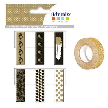 6 Pinzas De Madera Epoxi Dorado-blanco-negro + Masking Tape Dorado Con