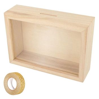 Hucha De Madera Para Personalizar 12 X 17 Cm + Masking Tape Dorado Con