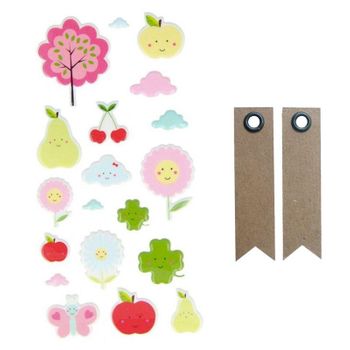 Pegatinas En Relieve - Frutas Adorables + 20 Etiquetas Kraft Banderín