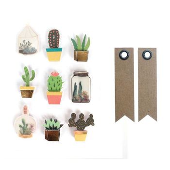 9 Adhesivos 3d Botánico Y Cactus 4 Cm + 20 Etiquetas Kraft Banderín