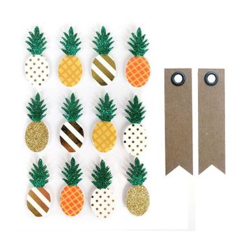 12 Pegatinas 3d Piña 4,5 Cm + 20 Etiquetas Kraft Banderín