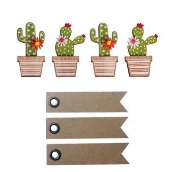 4 Pegatinas De Madera Cactus 6,5 Cm + 20 Etiquetas Kraft Banderín