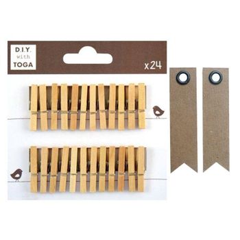 24 Mini Pinzas De Madera + 20 Etiquetas Kraft Banderín