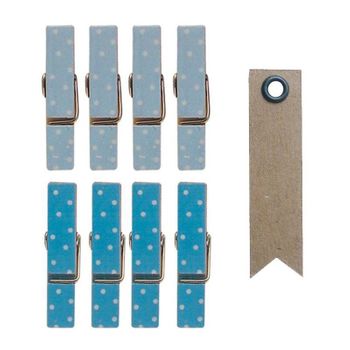 8 Mini Pinzas De Madera Magnéticas 3,5 Cm - Azul + 20 Etiquetas Kraft
