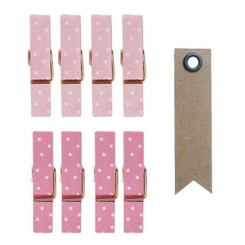 8 Mini Pinzas De Madera Magnéticas 3,5 Cm - Rosa + 20 Etiquetas Kraft