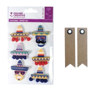 6 Pegatinas 3d - Sombreros Mexicanos 5,5 Cm + 20 Etiquetas Kraft Bande