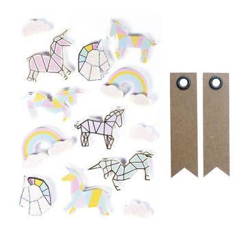 13 Pegatinas 3d - Unicornios 5 Cm + 20 Etiquetas Kraft Banderín