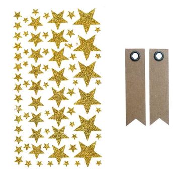Pegatinas Estrellas Con Brillo - Dorado + 20 Etiquetas Kraft Banderín