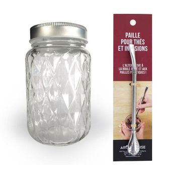 Taza Mason Jar Con Cubierta 37,5 Cl Diamante + Pajita De Acero Inoxida