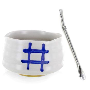 Cuenco Ceremonial Japones Chawan Blanco + Pajita De Acero Inoxidable C