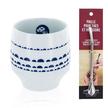 Taza Nara Porcelana Con Diseños Azules + Pajita De Acero Inoxidable Co