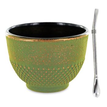 Taza De Hierro Fundido Verde Y Bronce 0,15 L + Pajita De Acero Inoxida