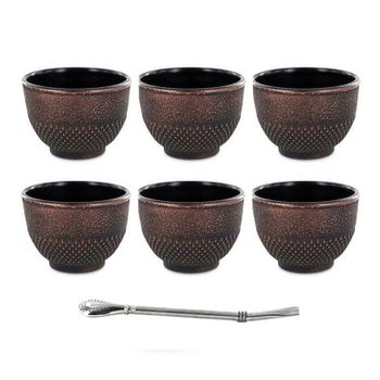 6 Tazas De Hierro Fundido 15 Cl Negro Y Bronce + Pajita De Acero Inoxi