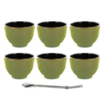 6 Tazas De Hierro Fundido 15 Cl Verde Y Bronce + Pajita De Acero Inoxi