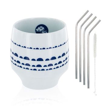 Taza Nara Porcelana Con Diseños Azules + 4 Pajitas De Acero Inoxidable