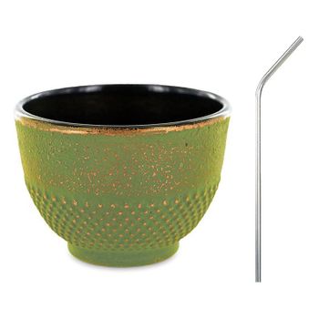 Taza De Hierro Fundido Verde Y Bronce 0,15 L + 4 Pajitas De Acero Inox