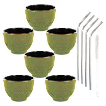 6 Tazas De Hierro Fundido 15 Cl Verde Y Bronce + 4 Pajitas De Acero In