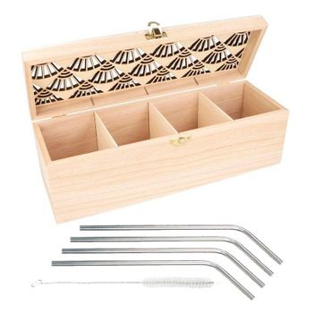 Caja De Té De Madera Para Personalizar 30 X 10 X 10 Cm + 4 Pajitas De